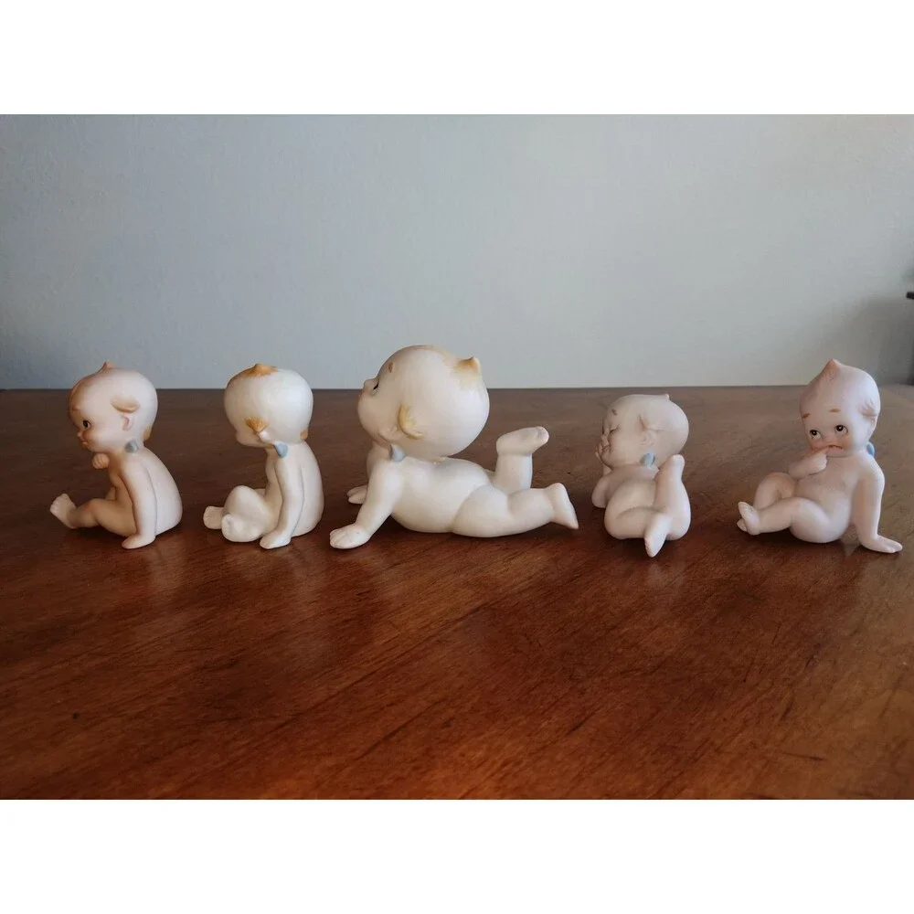 5x Vintage Lefton? Bisque Rose O'Neill Kewpie Doll Blue Wings 4 Mini + 1 Bigger